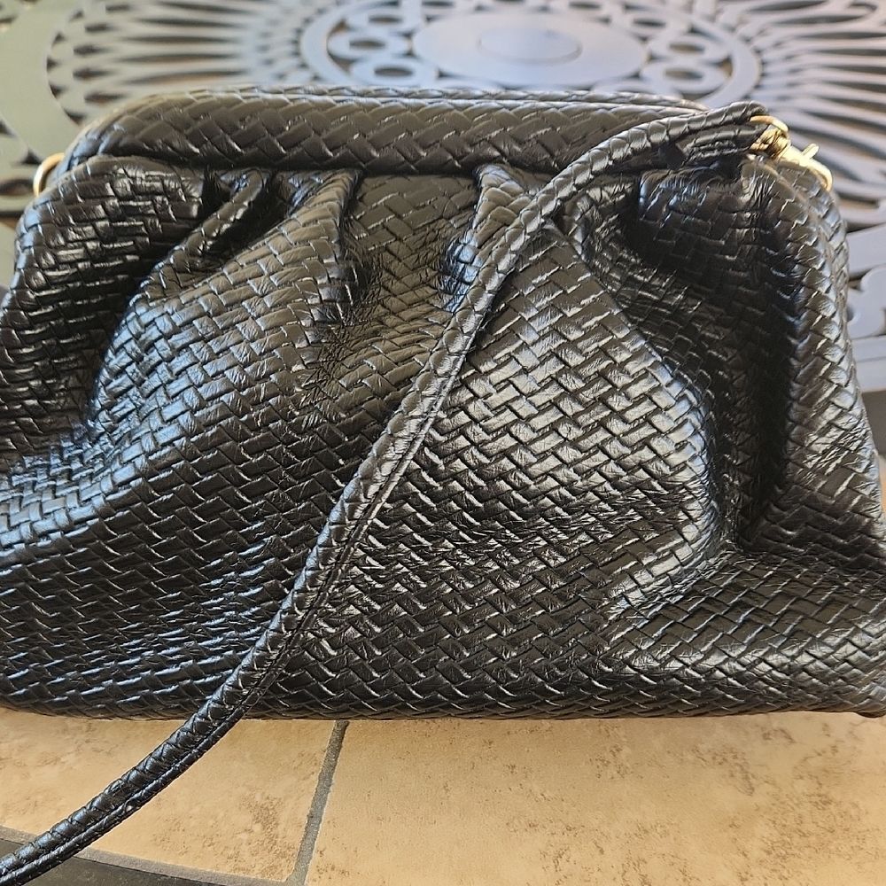 Chic Black Textured Clutch with Gold Hardware